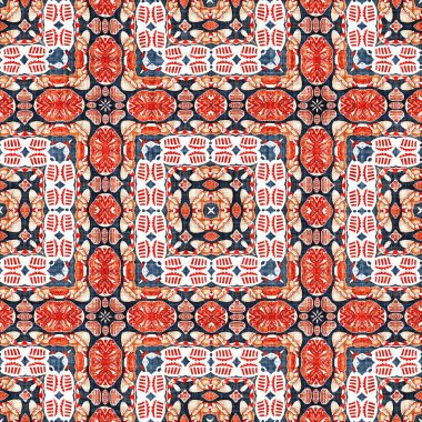  Kıyılarda yaşayan denizcilik tarzında kusursuz bir desen. Modern soyut pamuk keten efekt kumaş arka planı. Lacivert kırmızı azulejos fayans tarzı muz desenli eşarp..