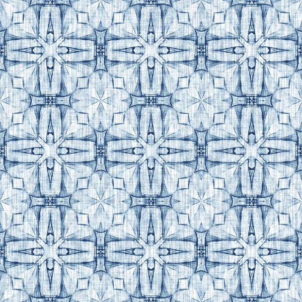 Indigo Dye Wash Coastal Damask Quilt Seamless Pattern. Washed out Dip Dyed Blur effect for Nautical and Marine Ocean Blue Interior Textile Backgrounds with Linen Texture Tile