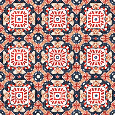  Kıyılarda yaşayan denizcilik tarzında kusursuz bir desen. Modern soyut pamuk keten efekt kumaş arka planı. Lacivert kırmızı azulejos fayans tarzı muz desenli eşarp..