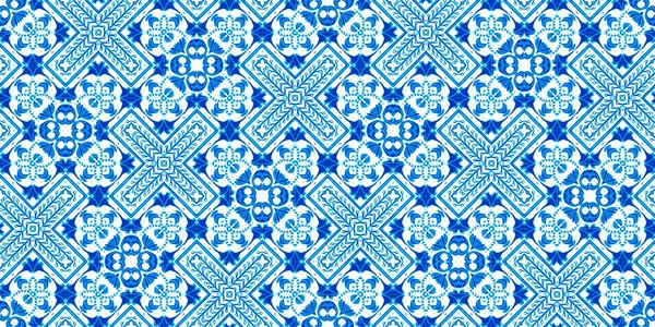  Kusursuz sahil geometrik çiçekli mozaik efekt afişi. Süslü arabesk yaz moda tekrarı. Mavi suluboya azulejo fayans kenar arkaplanı.