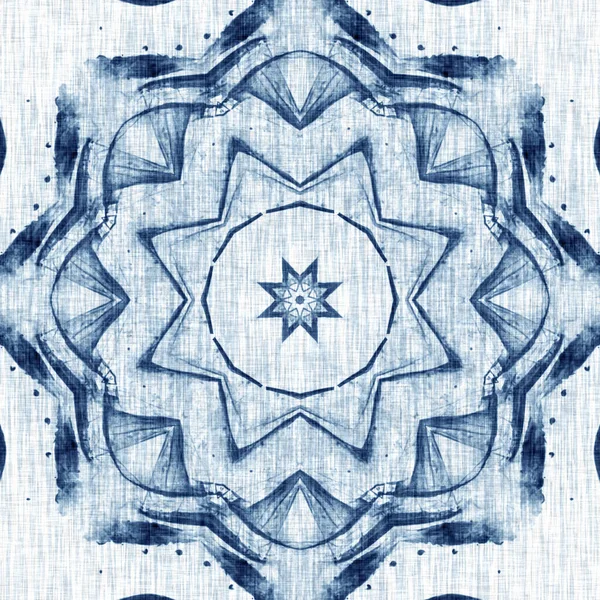 Indigo Dye Wash Coastal Damask Quilt Seamless Pattern Washed Out — Stockfoto