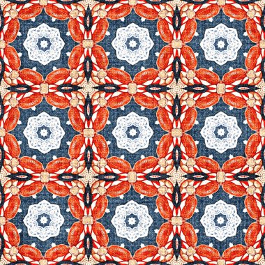  Kıyılarda yaşayan denizcilik tarzında kusursuz bir desen. Modern soyut pamuk keten efekt kumaş arka planı. Lacivert kırmızı azulejos fayans tarzı muz desenli eşarp..