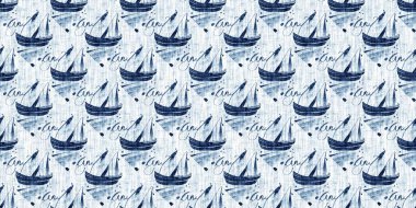 Washed out geometric dip dyed blur effect edging. Nautical and marine ocean blue masculine endless tape background with linen texture trim.Indigo dye wash coastal damask seamless border pattern. 