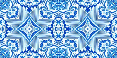  Kusursuz sahil geometrik çiçekli mozaik efekt afişi. Süslü arabesk yaz moda tekrarı. Mavi suluboya azulejo fayans kenar arkaplanı.