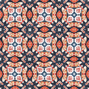  Kıyılarda yaşayan denizcilik tarzında kusursuz bir desen. Modern soyut pamuk keten efekt kumaş arka planı. Lacivert kırmızı azulejos fayans tarzı muz desenli eşarp..