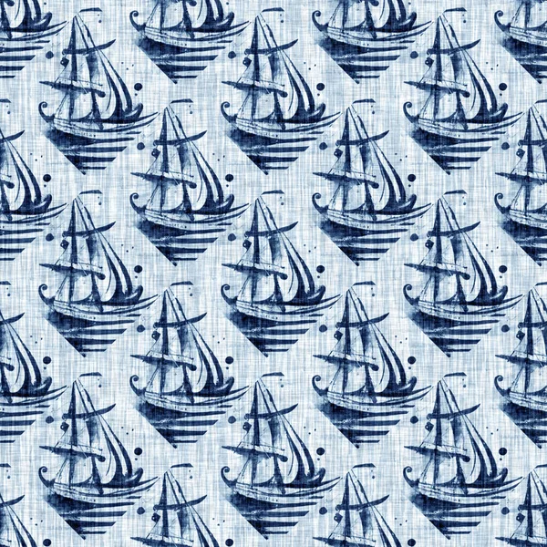 Indigo Dye Wash Coastal Damask Quilt Seamless Pattern Washed Out — Stockfoto