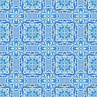  Kusursuz kıyı geometrik çiçek mozaik etkisi. Yaz boyunca süslemeli arabesk kumaşı. Mavi suluboya Azulejos fayans arka planı.. 