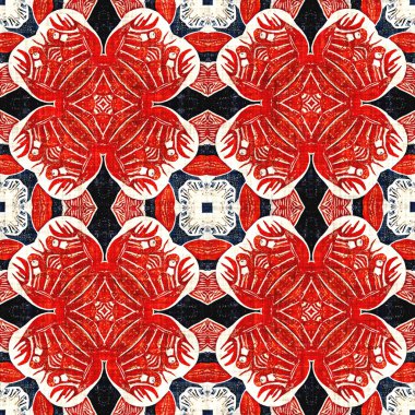  Kıyılarda yaşayan denizcilik tarzında kusursuz bir desen. Modern soyut pamuk keten efekt kumaş arka planı. Lacivert kırmızı azulejos fayans tarzı muz desenli eşarp..