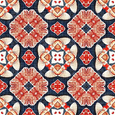  Kıyılarda yaşayan denizcilik tarzında kusursuz bir desen. Modern soyut pamuk keten efekt kumaş arka planı. Lacivert kırmızı azulejos fayans tarzı muz desenli eşarp..