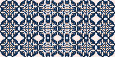  Seamless coastal geometrical floral mosaic effect banner. Ornamental blur bleed arabesque summer fashion repeat edge trim.Blue white watercolor azulejo tile border background.