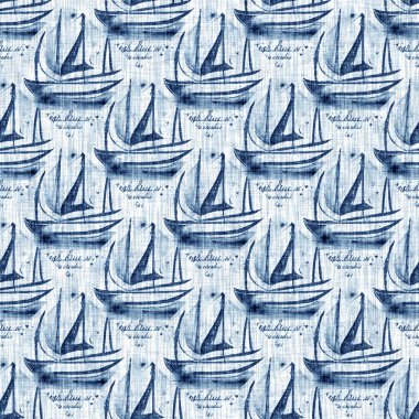 Indigo Dye Wash Coastal Damask Quilt Seamless Pattern. Washed out Dip Dyed Blur effect for Nautical and Marine Ocean Blue Interior Textile Backgrounds with Linen Texture Tile