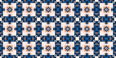  Seamless coastal geometrical floral mosaic effect banner. Ornamental blur bleed arabesque summer fashion repeat edge trim.Blue white watercolor azulejo tile border background.
