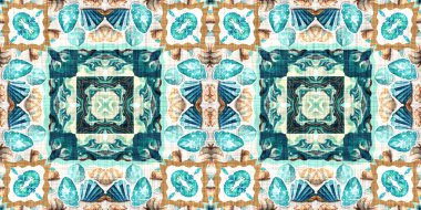  Modern nantucket summer printed edging time fabric. Banner ribbon in seamless repeat.Teal beach house border in coastal style patchwork pattern.