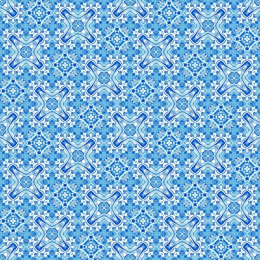  Seamless coastal geometric floral mosaic effect. Ornamental arabesque all over summer fashion damask repeat.Blue white watercolour azulejos tile background. 