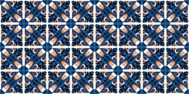  Seamless coastal geometrical floral mosaic effect banner. Ornamental blur bleed arabesque summer fashion repeat edge trim.Blue white watercolor azulejo tile border background.