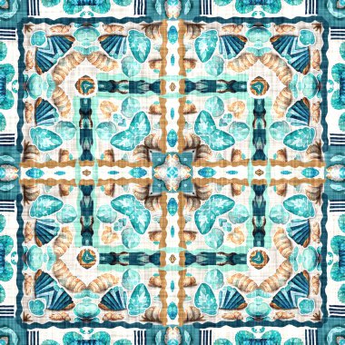  Modern nantucket summer printed fabric seamless repeat.Teal beach house coastal style patchwork pattern tile.