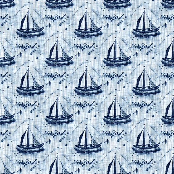 Indigo Dye Wash Coastal Damask Quilt Seamless Pattern Washed Out — Stock fotografie