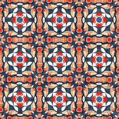  Kıyılarda yaşayan denizcilik tarzında kusursuz bir desen. Modern soyut pamuk keten efekt kumaş arka planı. Lacivert kırmızı azulejos fayans tarzı muz desenli eşarp..