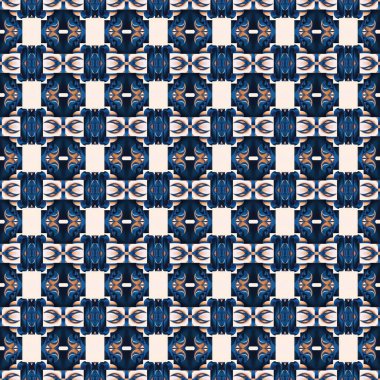  Seamless coastal blur painterly geometric mosaic effect. Patchwork blur masculine all over summer fashion damask repeat,Indigo Blue white watercolor batik azulejos tile background.