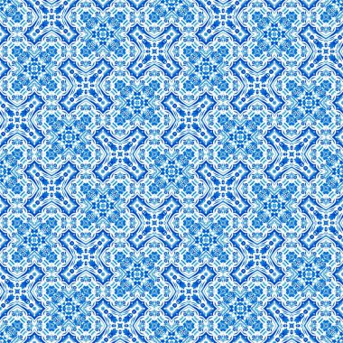  Seamless coastal geometric floral mosaic effect. Ornamental arabesque all over summer fashion damask repeat.Blue white watercolour azulejos tile background. 