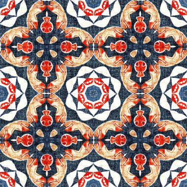  Kıyılarda yaşayan denizcilik tarzında kusursuz bir desen. Modern soyut pamuk keten efekt kumaş arka planı. Lacivert kırmızı azulejos fayans tarzı muz desenli eşarp..