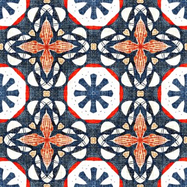  Kıyılarda yaşayan denizcilik tarzında kusursuz bir desen. Modern soyut pamuk keten efekt kumaş arka planı. Lacivert kırmızı azulejos fayans tarzı muz desenli eşarp..