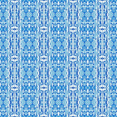  Kusursuz kıyı geometrik çiçek mozaik etkisi. Yaz boyunca süslemeli arabesk kumaşı. Mavi suluboya Azulejos fayans arka planı.. 