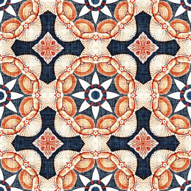  Kıyılarda yaşayan denizcilik tarzında kusursuz bir desen. Modern soyut pamuk keten efekt kumaş arka planı. Lacivert kırmızı azulejos fayans tarzı muz desenli eşarp..