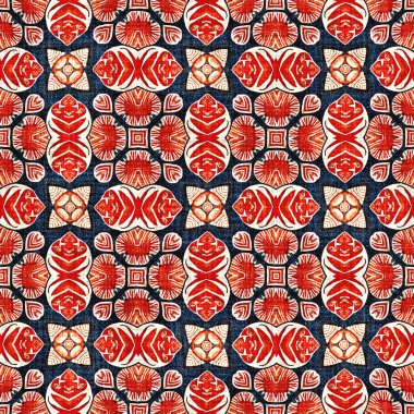  Kıyılarda yaşayan denizcilik tarzında kusursuz bir desen. Modern soyut pamuk keten efekt kumaş arka planı. Lacivert kırmızı azulejos fayans tarzı muz desenli eşarp..