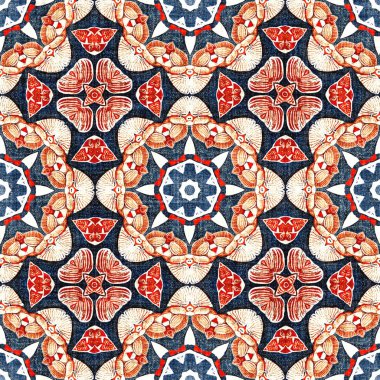  Kıyılarda yaşayan denizcilik tarzında kusursuz bir desen. Modern soyut pamuk keten efekt kumaş arka planı. Lacivert kırmızı azulejos fayans tarzı muz desenli eşarp..