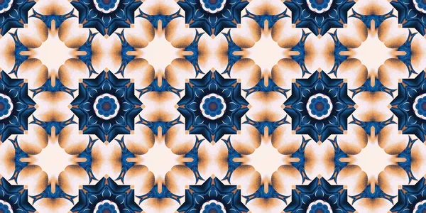 Seamless coastal geometrical floral mosaic effect banner. Ornamental blur bleed arabesque summer fashion repeat edge trim.Blue white watercolor azulejo tile border background.