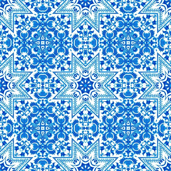 シームレスな海岸幾何学的な花のモザイク効果 夏のファッションダマスクを通して装飾的なアラベスクを繰り返します 青い白い水彩のツツジタイルの背景 — ストック写真
