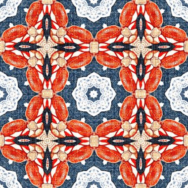  Kıyılarda yaşayan denizcilik tarzında kusursuz bir desen. Modern soyut pamuk keten efekt kumaş arka planı. Lacivert kırmızı azulejos fayans tarzı muz desenli eşarp..