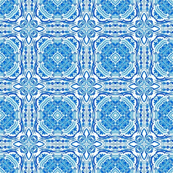  Kusursuz kıyı geometrik çiçek mozaik etkisi. Yaz boyunca süslemeli arabesk kumaşı. Mavi suluboya Azulejos fayans arka planı.. 