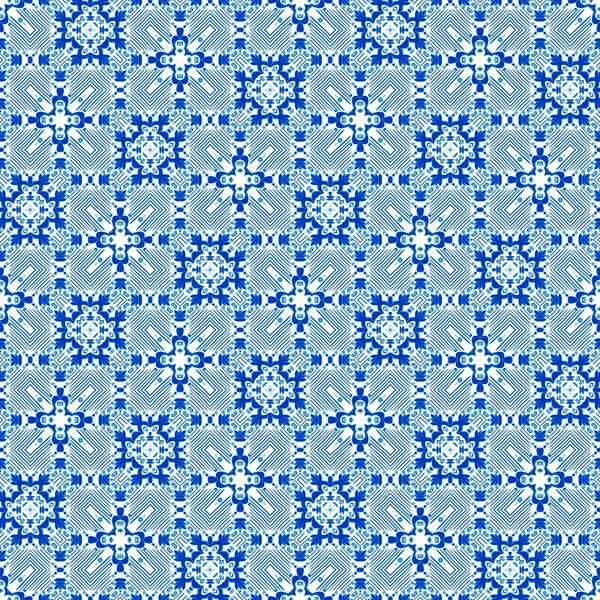 Seamless coastal geometric floral mosaic effect. Ornamental arabesque all over summer fashion damask repeat.Blue white watercolour azulejos tile background.