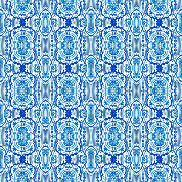 Бесшовный Прибрежный Геометрический Эффект Цветочной Мозаики Синий Белый Акварель Плиточном — стоковое фото