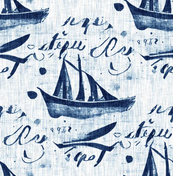 Indigo Dye Wash Coastal Damask Quilt Seamless Pattern Washed Out — Stockfoto