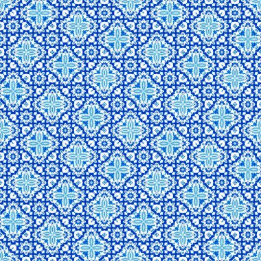  Kusursuz kıyı geometrik çiçek mozaik etkisi. Yaz boyunca süslemeli arabesk kumaşı. Mavi suluboya Azulejos fayans arka planı.. 