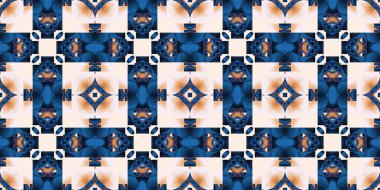  Seamless coastal geometrical floral mosaic effect banner. Ornamental blur bleed arabesque summer fashion repeat edge trim.Blue white watercolor azulejo tile border background.