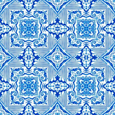  Kusursuz kıyı geometrik çiçek mozaik etkisi. Yaz boyunca süslemeli arabesk kumaşı. Mavi suluboya Azulejos fayans arka planı.. 