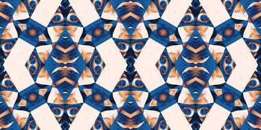  Seamless coastal geometrical floral mosaic effect banner. Ornamental arabesque summer fashion repeat edge trim.Blue white blur watercolor azulejo tile border background.