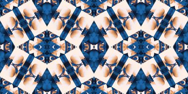  Seamless coastal geometrical floral mosaic effect banner. Ornamental arabesque summer fashion repeat edge trim.Blue white blur watercolor azulejo tile border background.