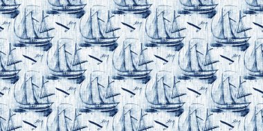 Washed out geometric dip dyed blur effect edging. Nautical and marine ocean blue masculine endless tape background with linen texture trim.Indigo dye wash coastal damask seamless border pattern. 