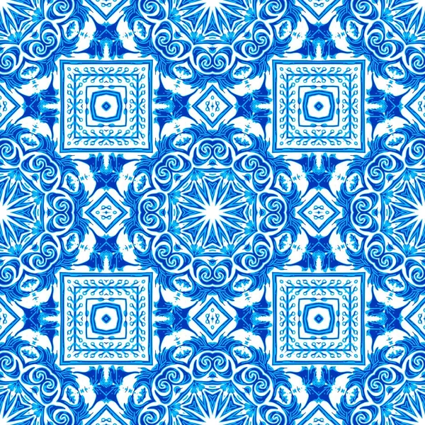 바다없는 기하학적 모자이크 장식적 Arabesque Damask Repeat Blue Azulejos — 스톡 사진