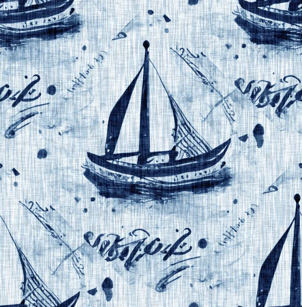 Indigo Dye Wash Coastal Damask Quilt Seamless Pattern Washed Out — Stock fotografie