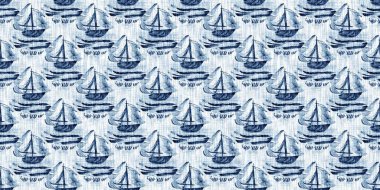 Washed out geometric dip dyed blur effect edging. Nautical and marine ocean blue masculine endless tape background with linen texture trim.Indigo dye wash coastal damask seamless border pattern. 
