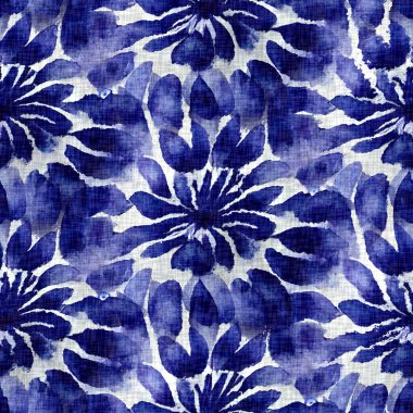  Fashion all over print for beach wear. Masculine blur bleed shirt tie dye effect. Repeatable woven textile swatch Summer indigo dyed motif seamless pattern.