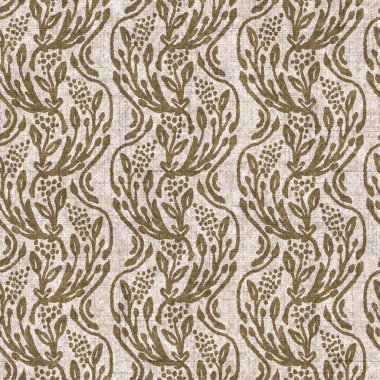 Sepia nötr botanik yaprak dikişsiz keten deseni. Yastık fırlatmak ve mobilya yapmak için organik doğal ton yeşilliği tasarımı. Modern bej kahverengi nötr ev dekorasyonu tekstil kumaşı.