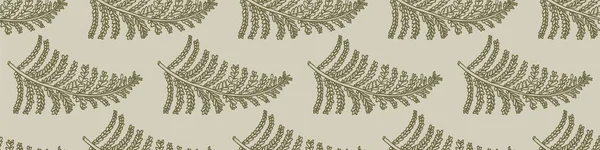 Retro botanical fern frond vector border. Seamless vintage ecological foliage for all over print. Hand drawn ornate forest leaf backdrop. — Stock Vector