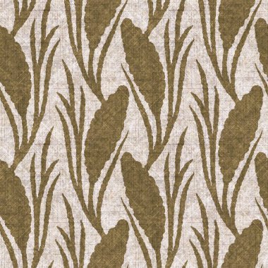 Sepia nötr botanik yaprak dikişsiz keten deseni. Yastık fırlatmak ve mobilya yapmak için organik doğal ton yeşilliği tasarımı. Modern bej kahverengi nötr ev dekorasyonu tekstil kumaşı.